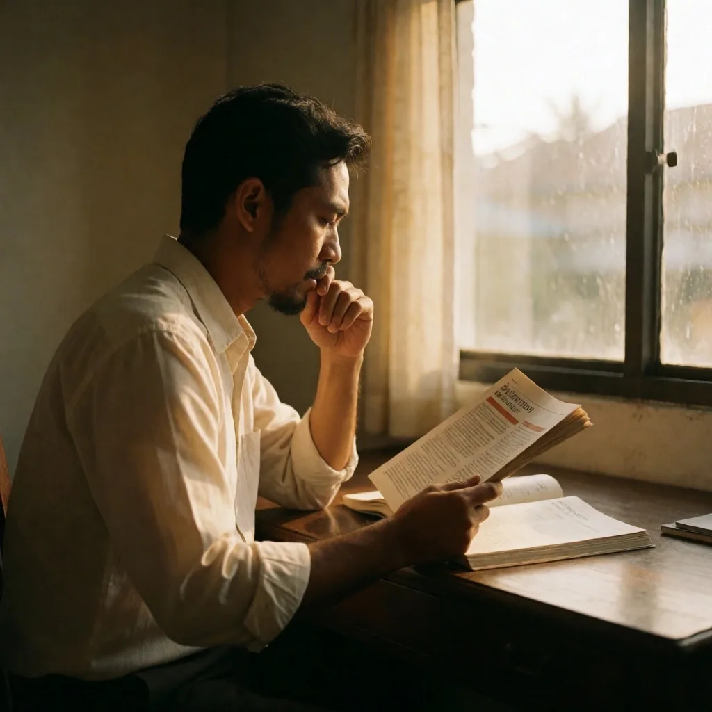 Man reading near a window in warm light