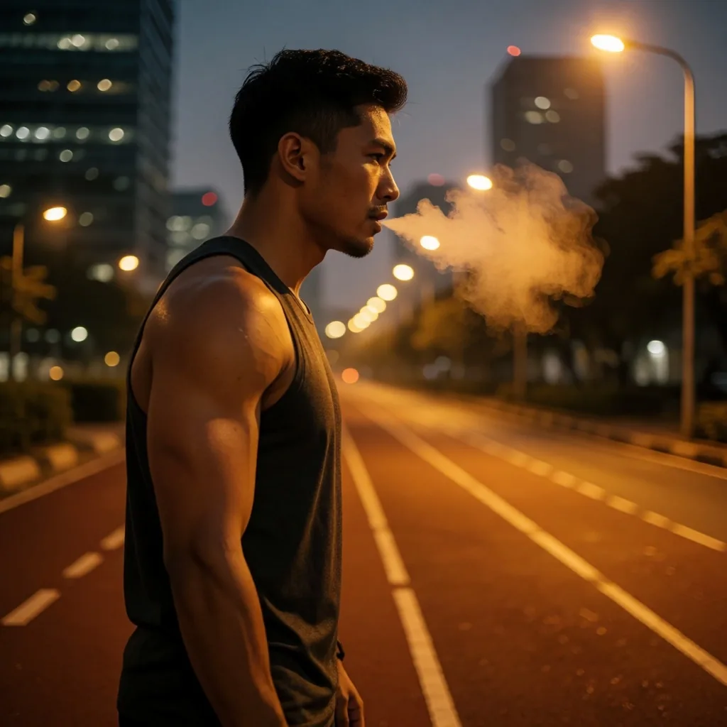 Active athlete at an urban running track at dusk
