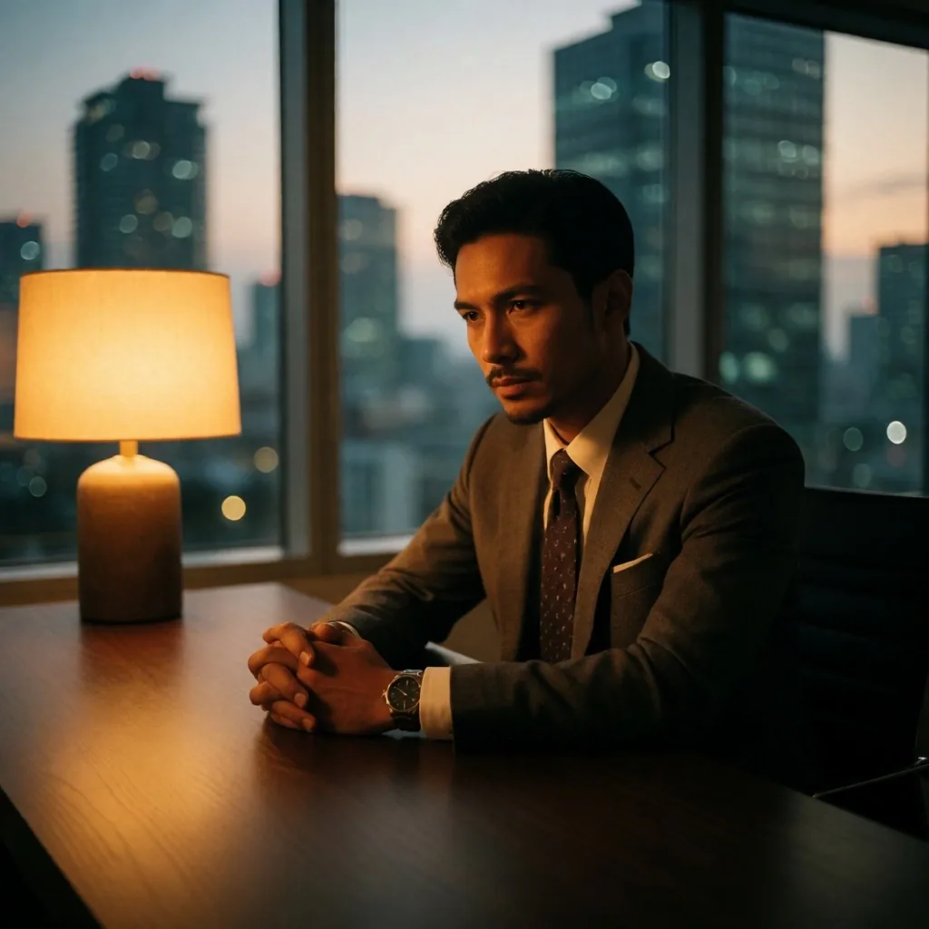 Urban professional at a dimly lit desk