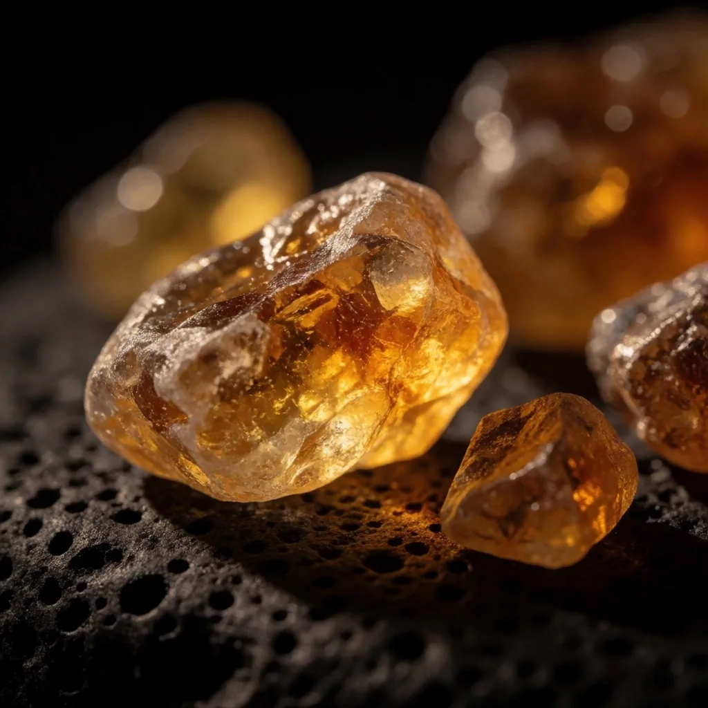 Raw amber minerals on dark volcanic stone