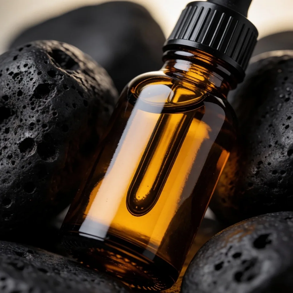 Amber glass supplement bottle on dark stone