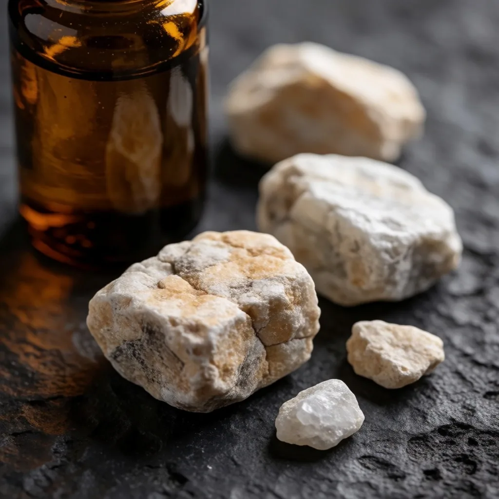 Amber glass bottles on dark stone shelf