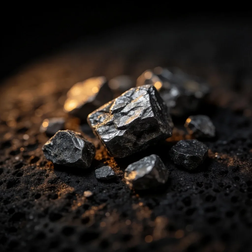 Raw mineral crystals on dark volcanic stone under amber light