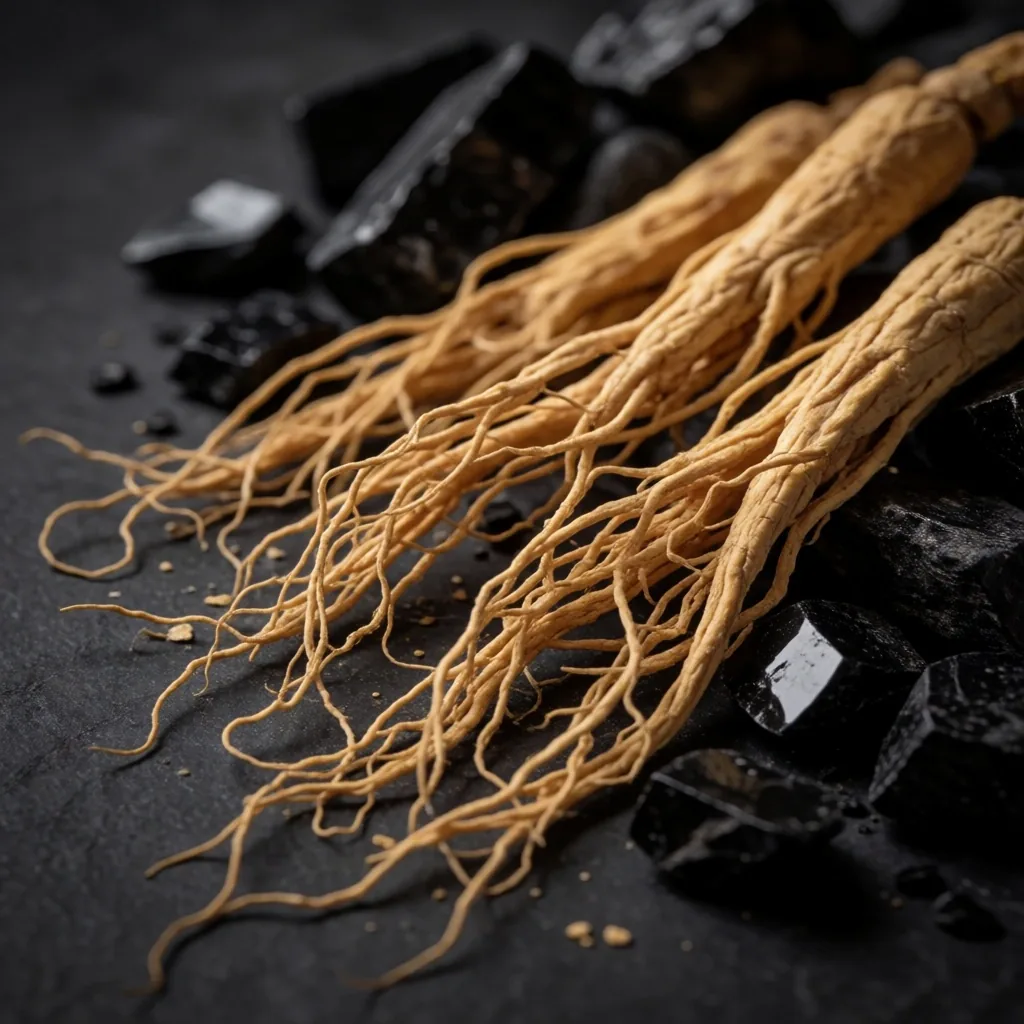 Dried herbal roots and mineral crystals on dark textured paper