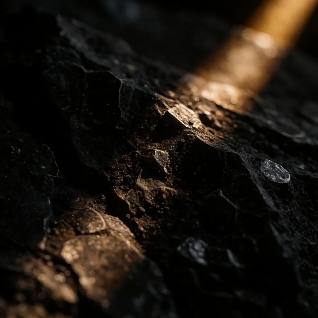 Weathered dark volcanic stone surface with amber light