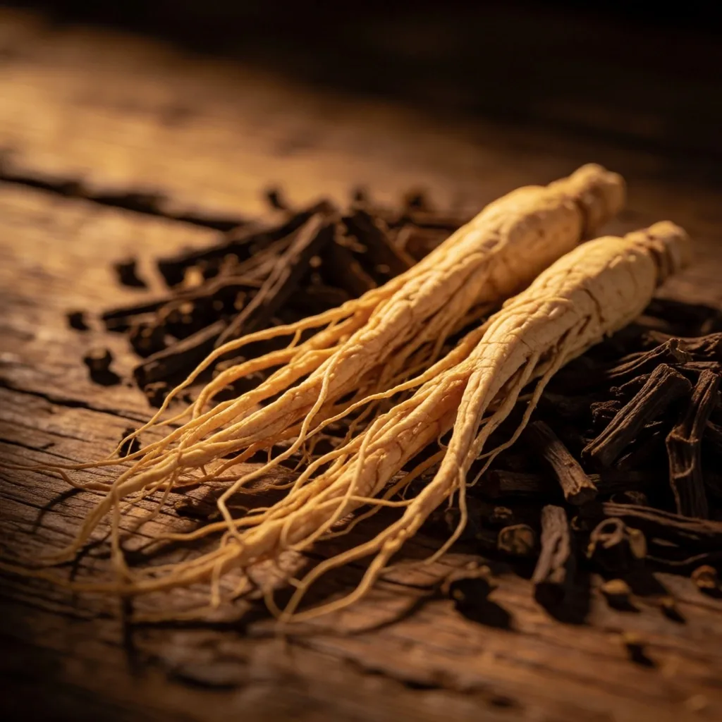 Dried botanical roots on a wooden surface