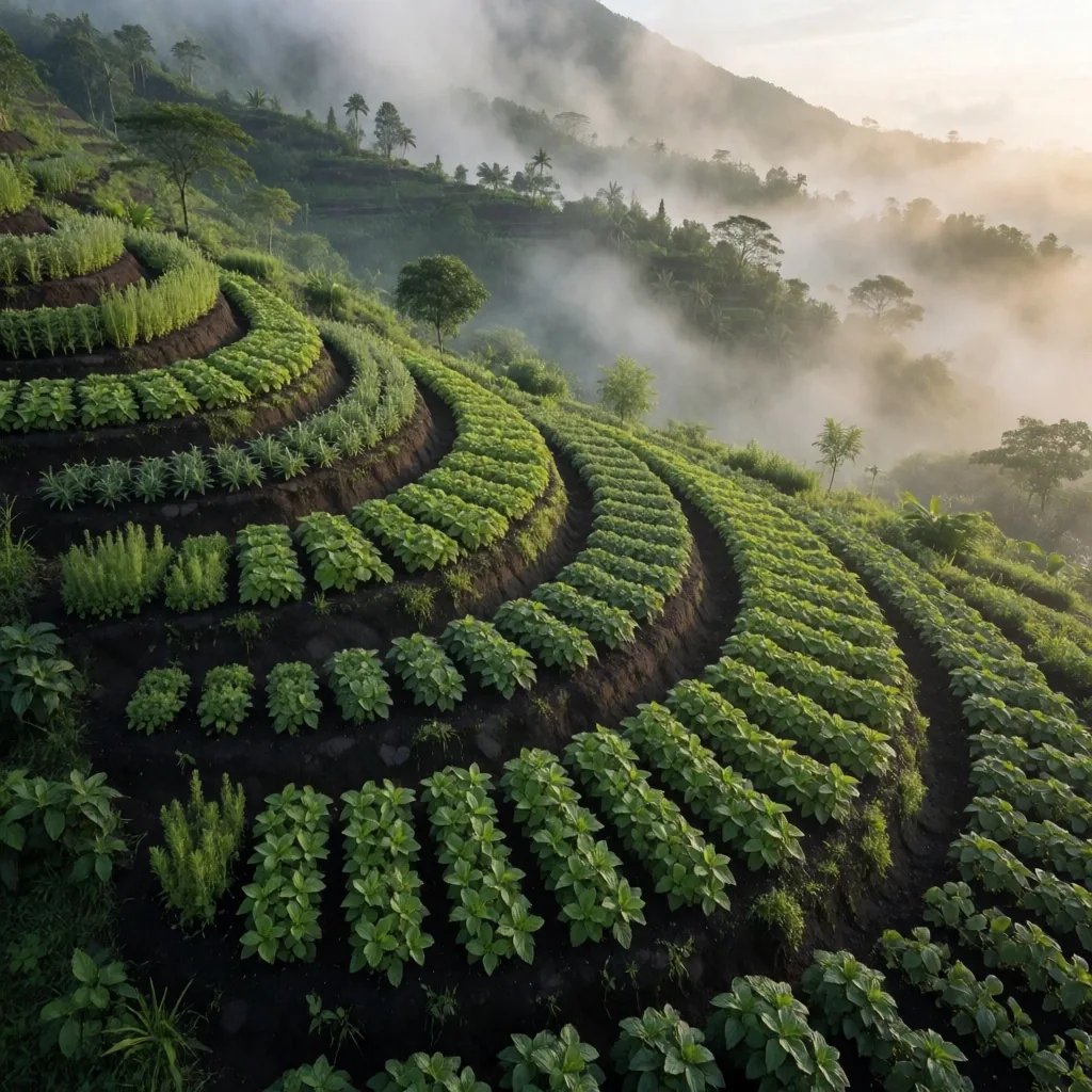 Tropical herb farm terraces on a volcanic hillside