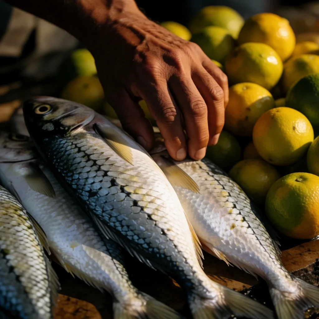 Fresh whole foods at a Jakarta market stall in amber light