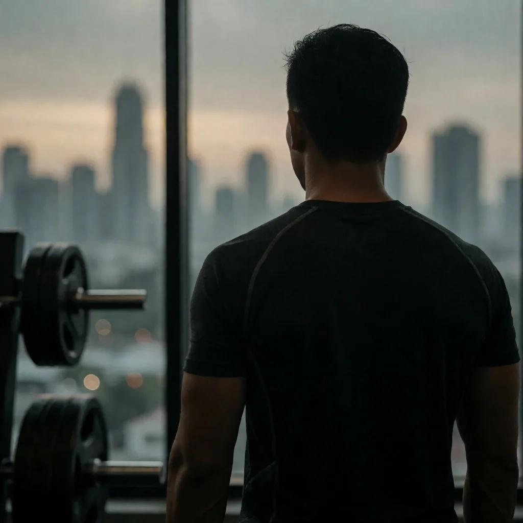 Man standing in a dimly lit Jakarta gym at dusk
