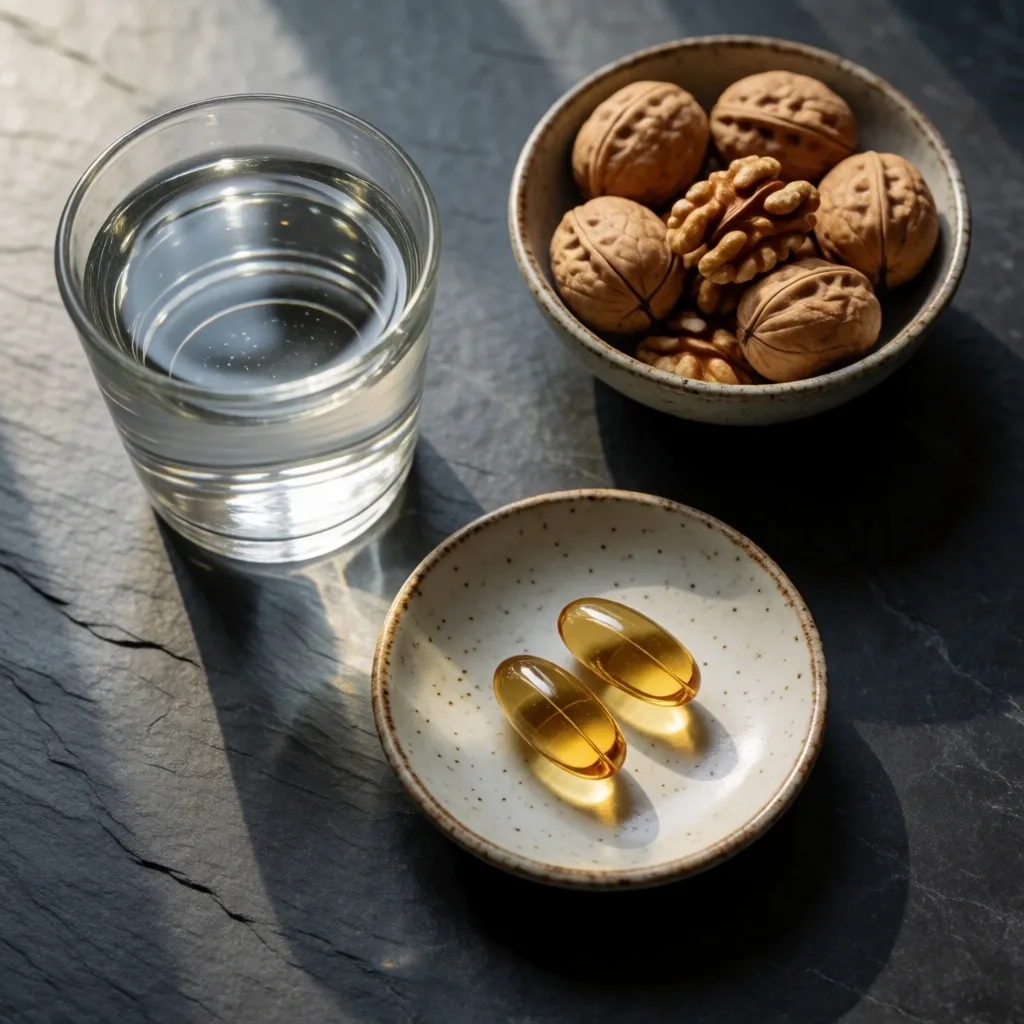Morning wellness arrangement with water, capsules, and nuts on dark stone