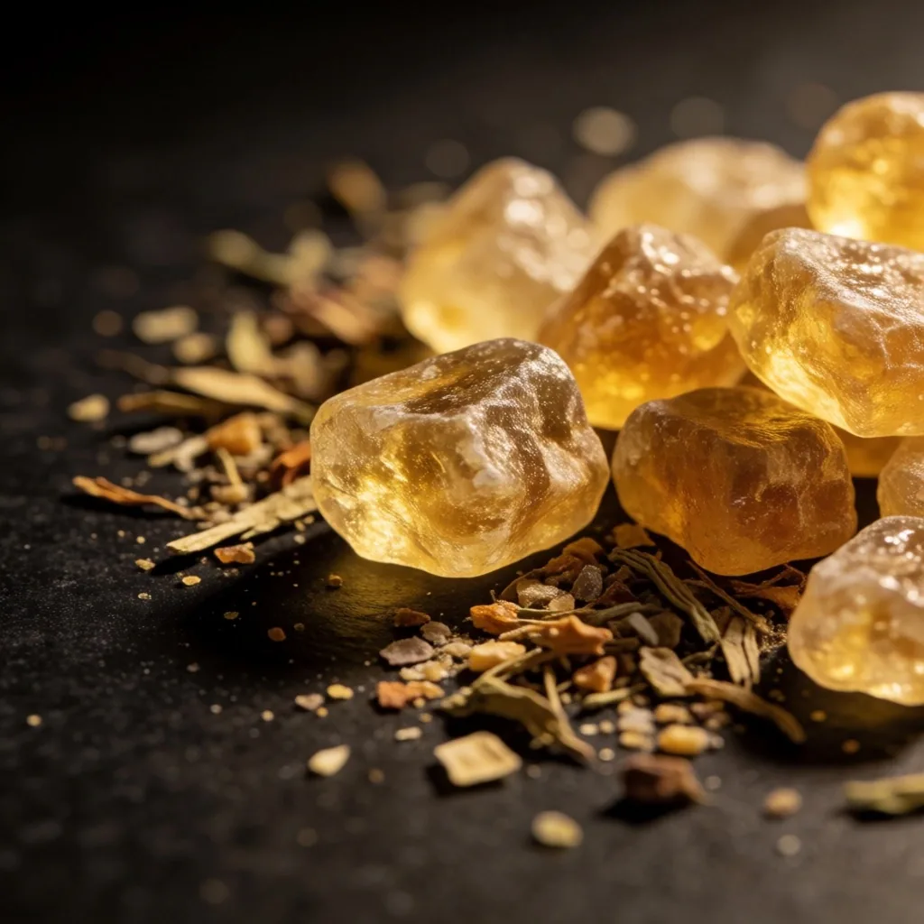 Amber-lit mineral crystals on dark stone