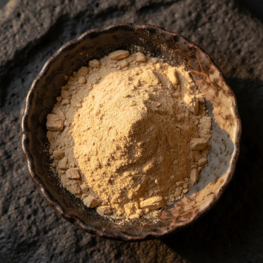 Ashwagandha root powder in a dark bowl